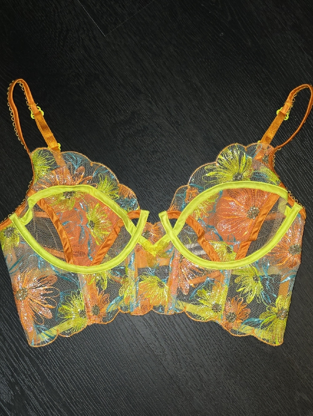For Love & Lemons Orange and Yellow Embroidered Floral Underwire Bralette